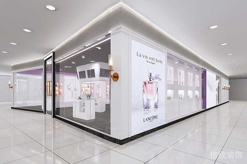拐角裝修效果圖玻璃鏡面大理石瓷磚美妝產品店鋪設計圖