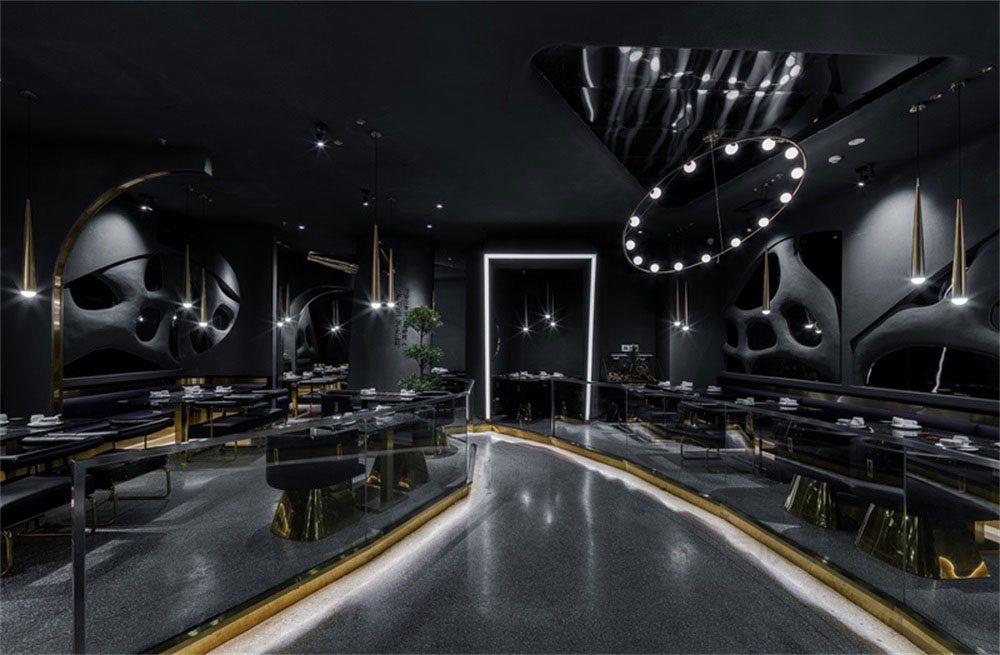 深圳鹽田后現(xiàn)代黑灰色系餐飲店裝修設(shè)計地面鋪貼