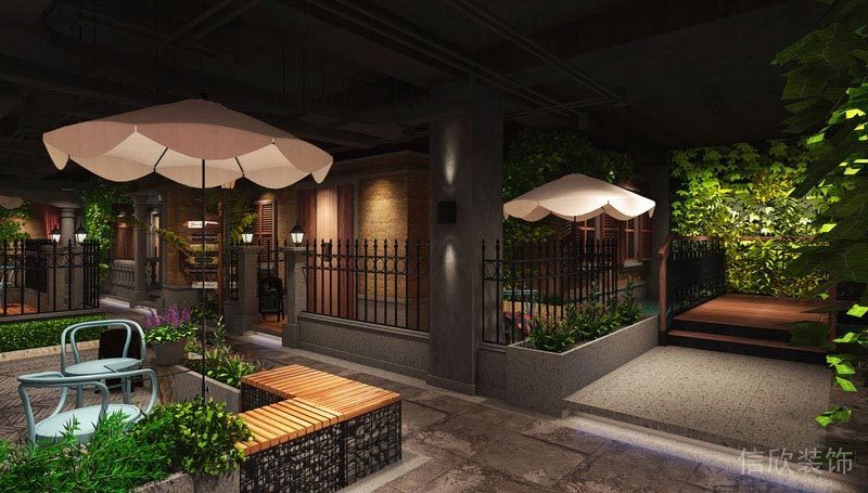 深圳福田餐飲店裝修圖綠植休閑區(qū)地面過(guò)道