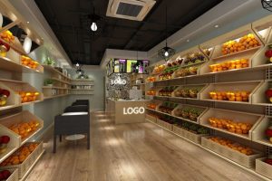 展柜開放式區(qū)域超市水果售賣區(qū)裝修效果工業(yè)風(fēng)天花中央空調(diào)實(shí)木地板過道設(shè)計(jì)