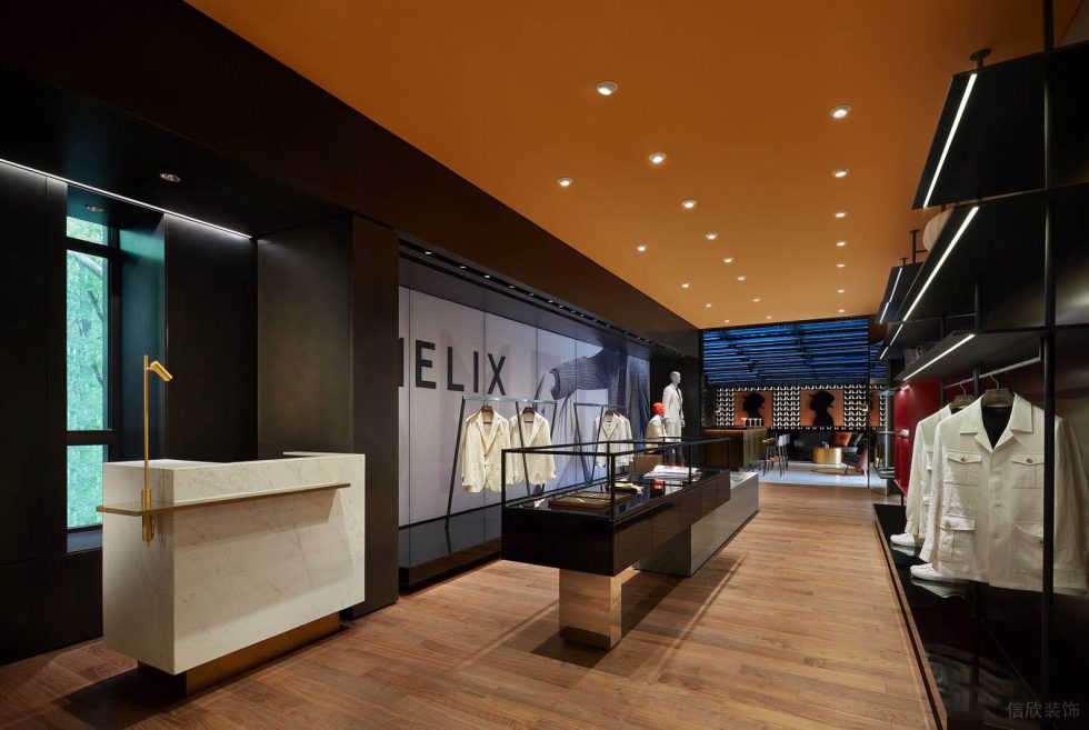 深圳市寶安區(qū)石巖smelix仕覓男裝高定店裝修設(shè)計-玻璃幾何藝術(shù)島臺