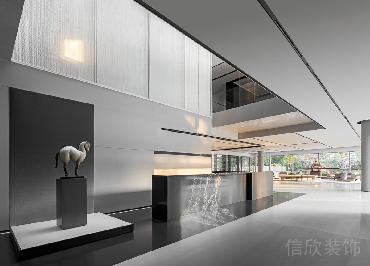 簡(jiǎn)約黑白灰色調(diào)交叉墻磚地磚前臺(tái)效果圖